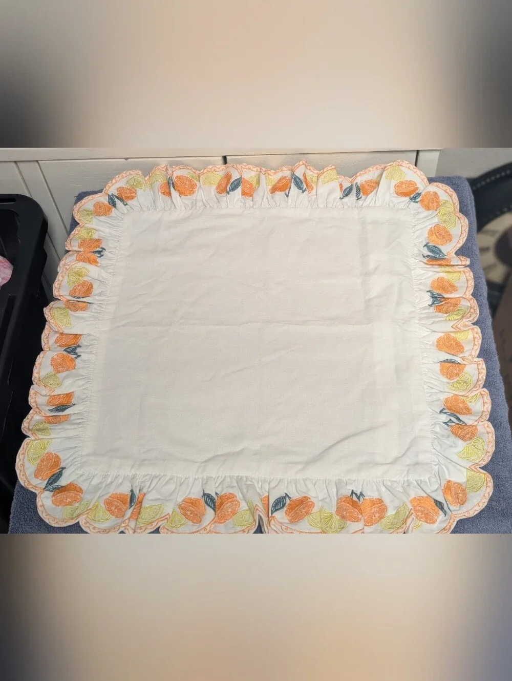 Vintage square accent pillow cover ruffled embroidered citrus lemons oranges